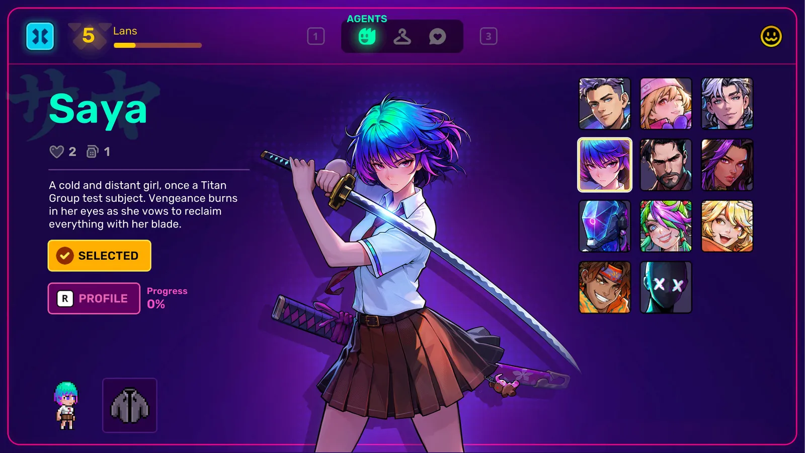 Agent selection screen with Saya selected and a grid of character portraits beside her