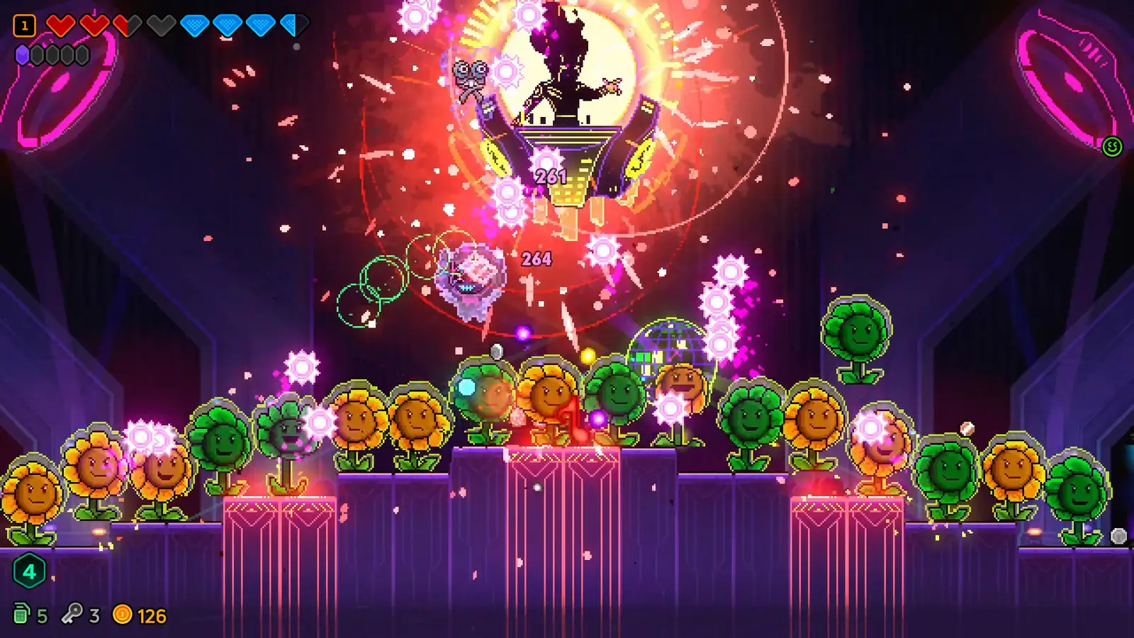 A boss battle against a huge multi-hit plant creature with a long health bar and pink bullet patterns filling the room