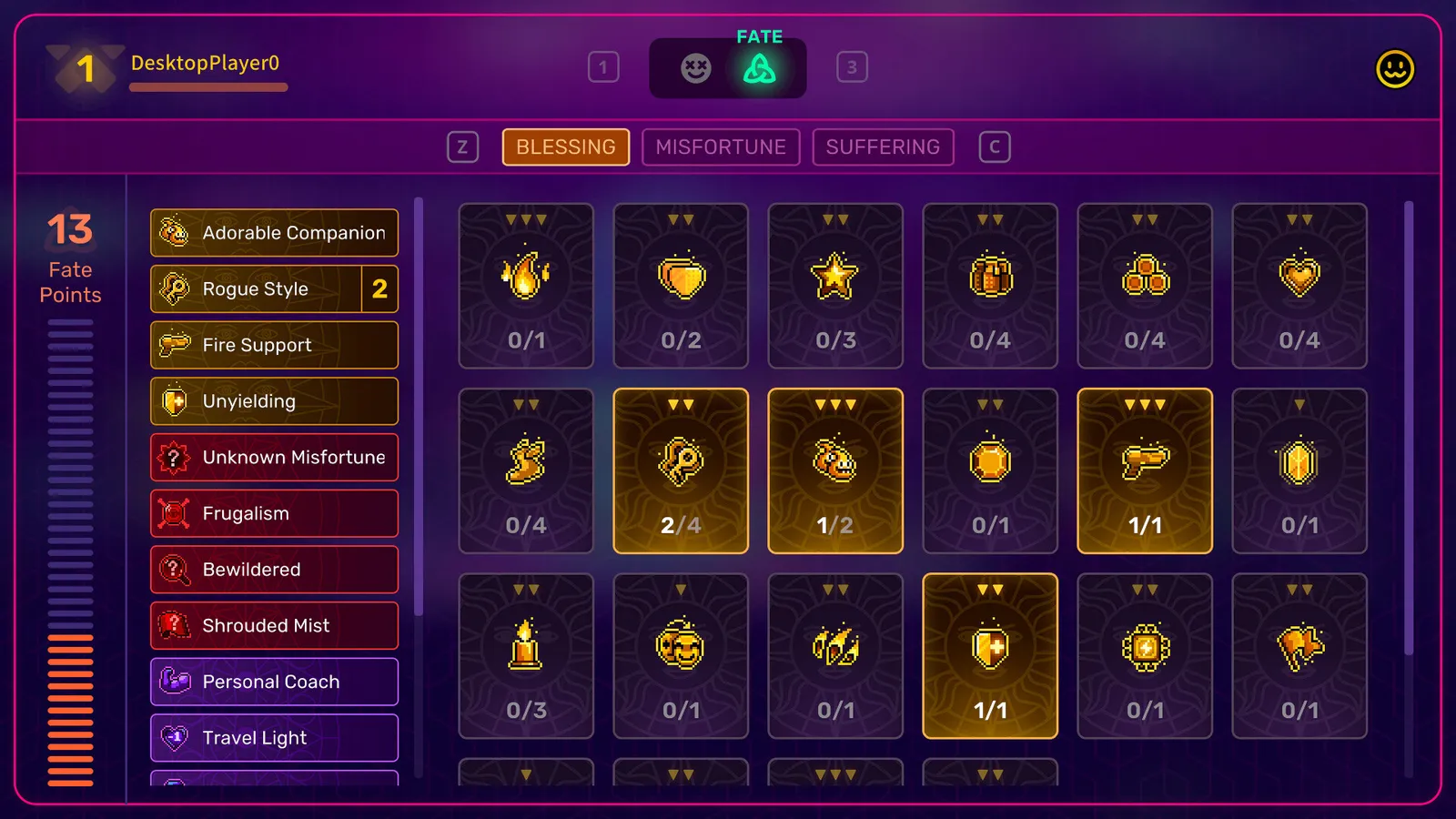 The Fate Card screen showing 13 Fate Points, an Adorable Companion card and a grid of unlockable card tiles