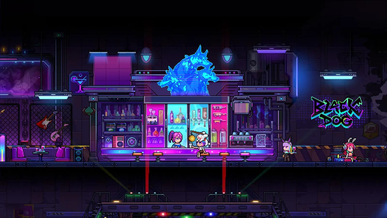 The Bar hub lit in neon purple and blue with a large blue dragon hologram above the counter