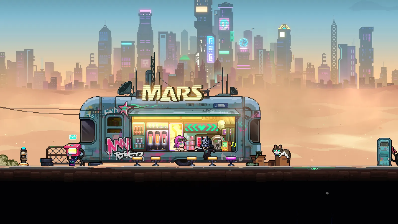 The MARS food truck hub with a neon city skyline behind the counter and characters standing at the bar