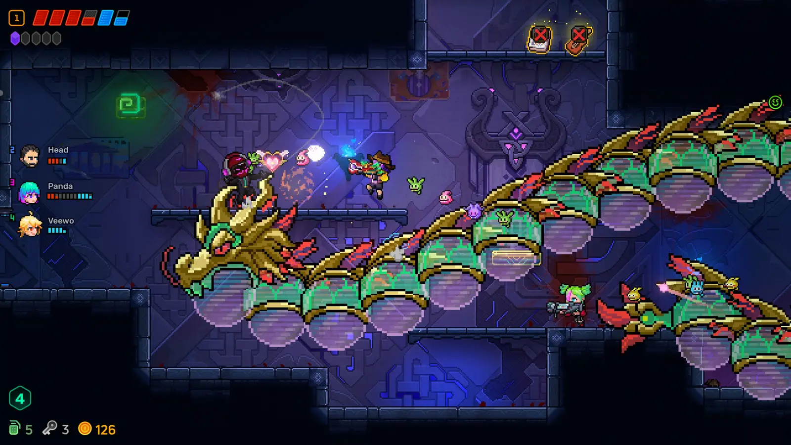 Four players in a boss room fighting a huge green and gold dragon boss that stretches across the screen