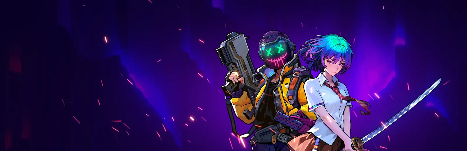 Neon Abyss 2 key art showing two Agents against a purple neon city skyline