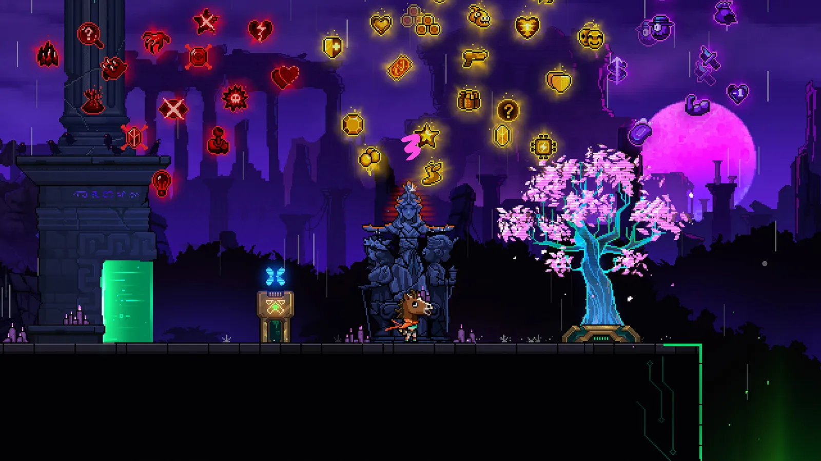 Outdoor area at night with floating golden item icons, a sphinx statue, a pink blossom tree and a glowing green portal