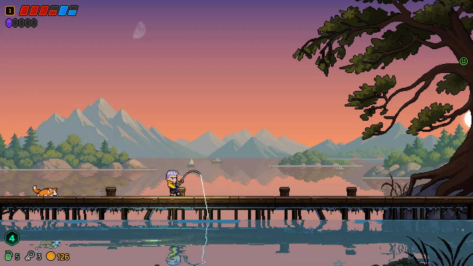 Sunset scene with distant mountains, a wooden bridge over still water and an orange cat resting on the walkway