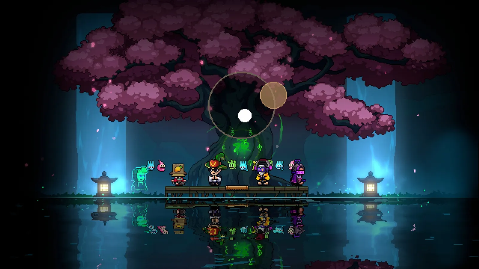 Night forest scene with a wooden bridge, stone lanterns and moonlight reflected in still water