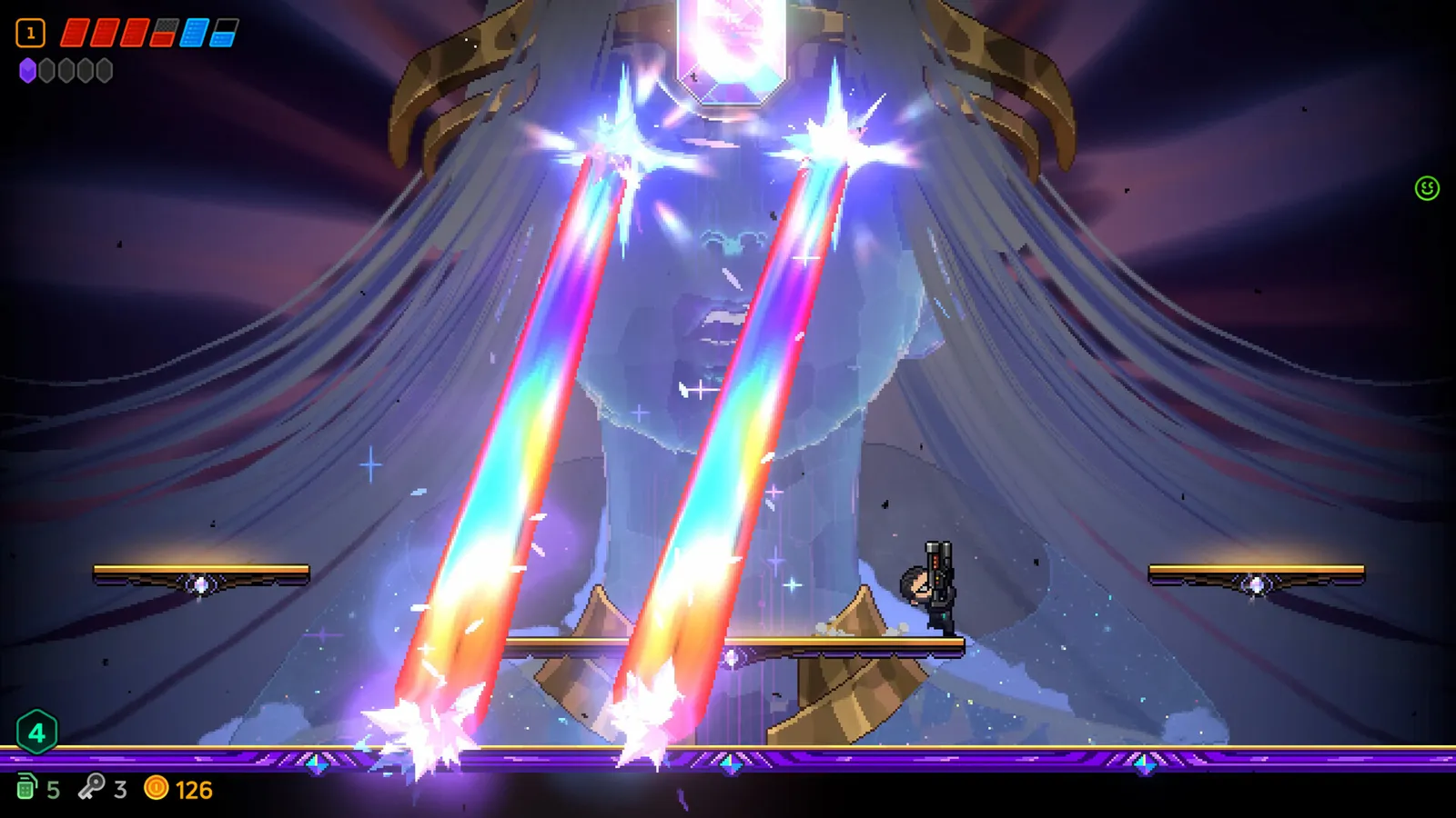 Boss fight inside a domed arena with two rainbow laser beams crossing the screen